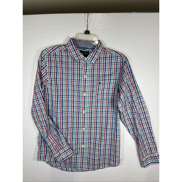 Nautica Button Up Shirt YOUTH BOYS L (14/16) Long Sleeve Plaid Blue Dress Casual - Picture 1 of 9
